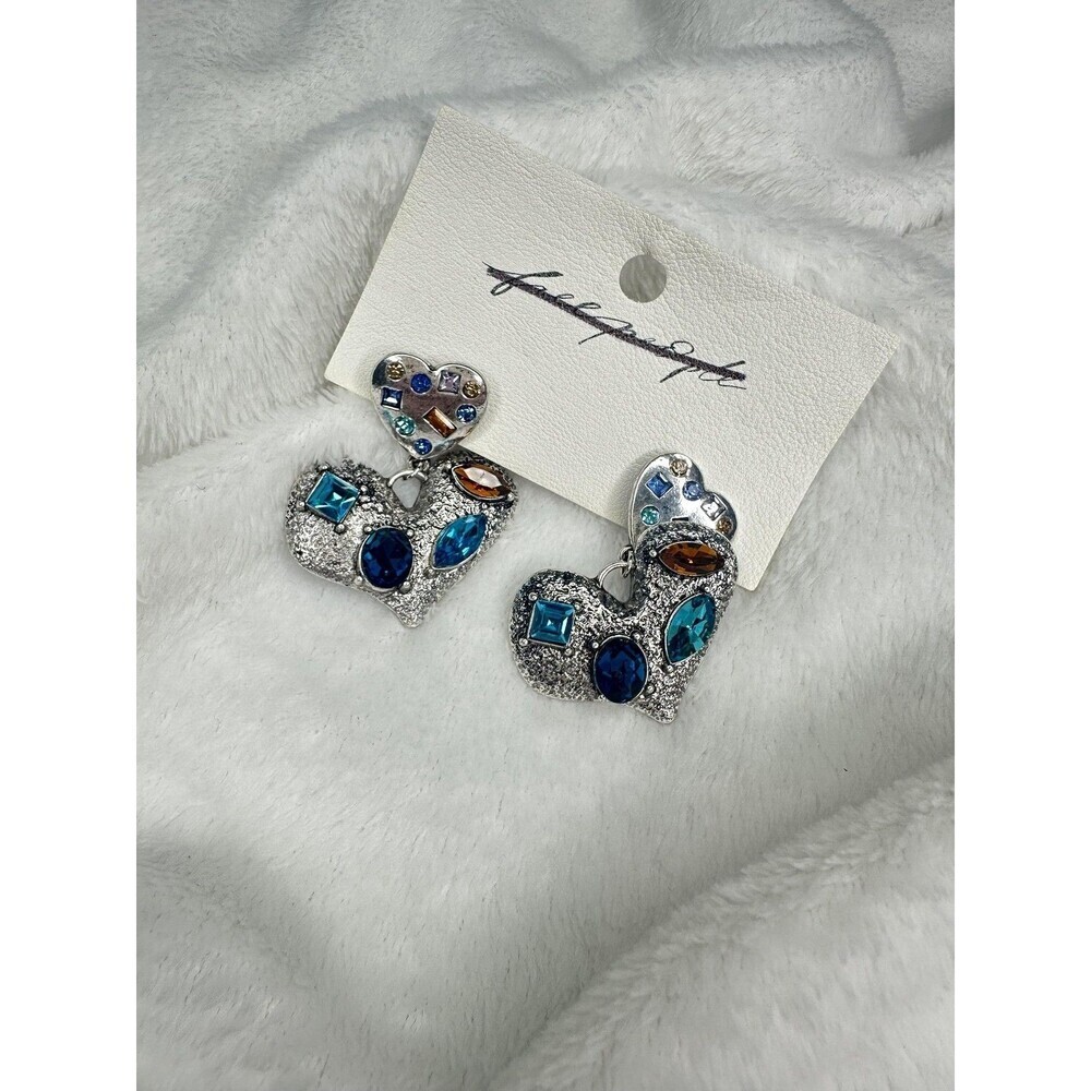 NEW Free People My Everything Silver Heart Dangle Earrings Blue Gemstone Boho